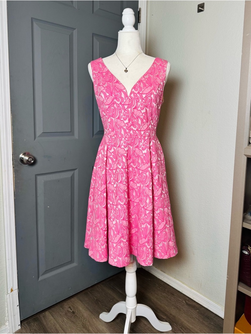 Maeve Anthropologie Pink Floral Jacquard Fit & Flare Dress V-Neck Knee Length